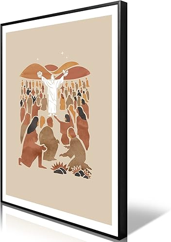 OAOPIC Póster enmarcado en negro de Jesús Feeds 5000 con versículos bíblicos de Cristo en blanco y negro, lienzo para pared, arte de pared bohemio