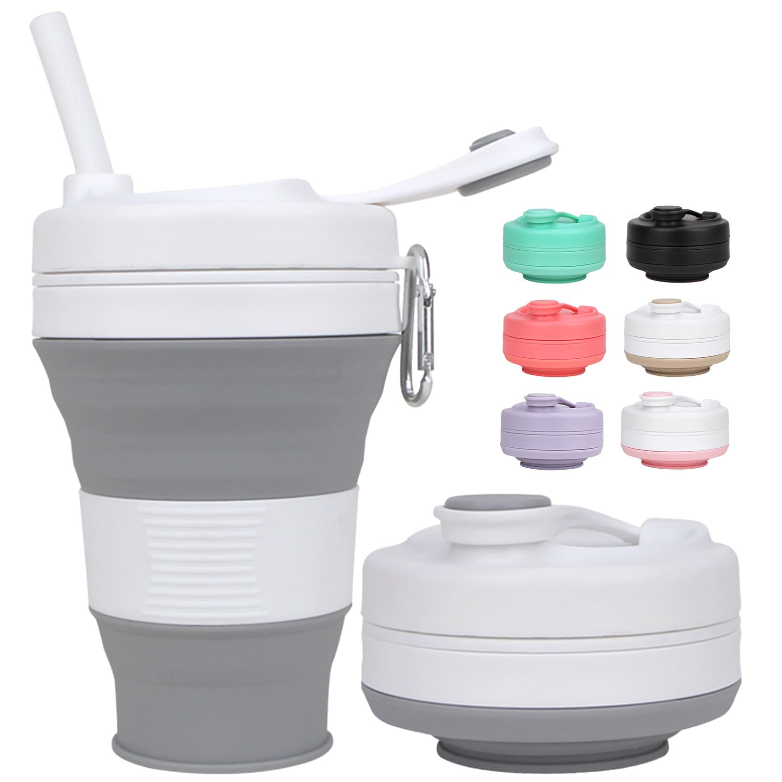 MOMAHUA 600ml/20oz Collapsible Coffee Cup with Lids,Grey Silicone Portable Large Capacity Water Cups,Reusable Coffee Mug,Foldable Camping Travel Cup Fits in Your Pocket,Folding Mug Collapses to 6cm