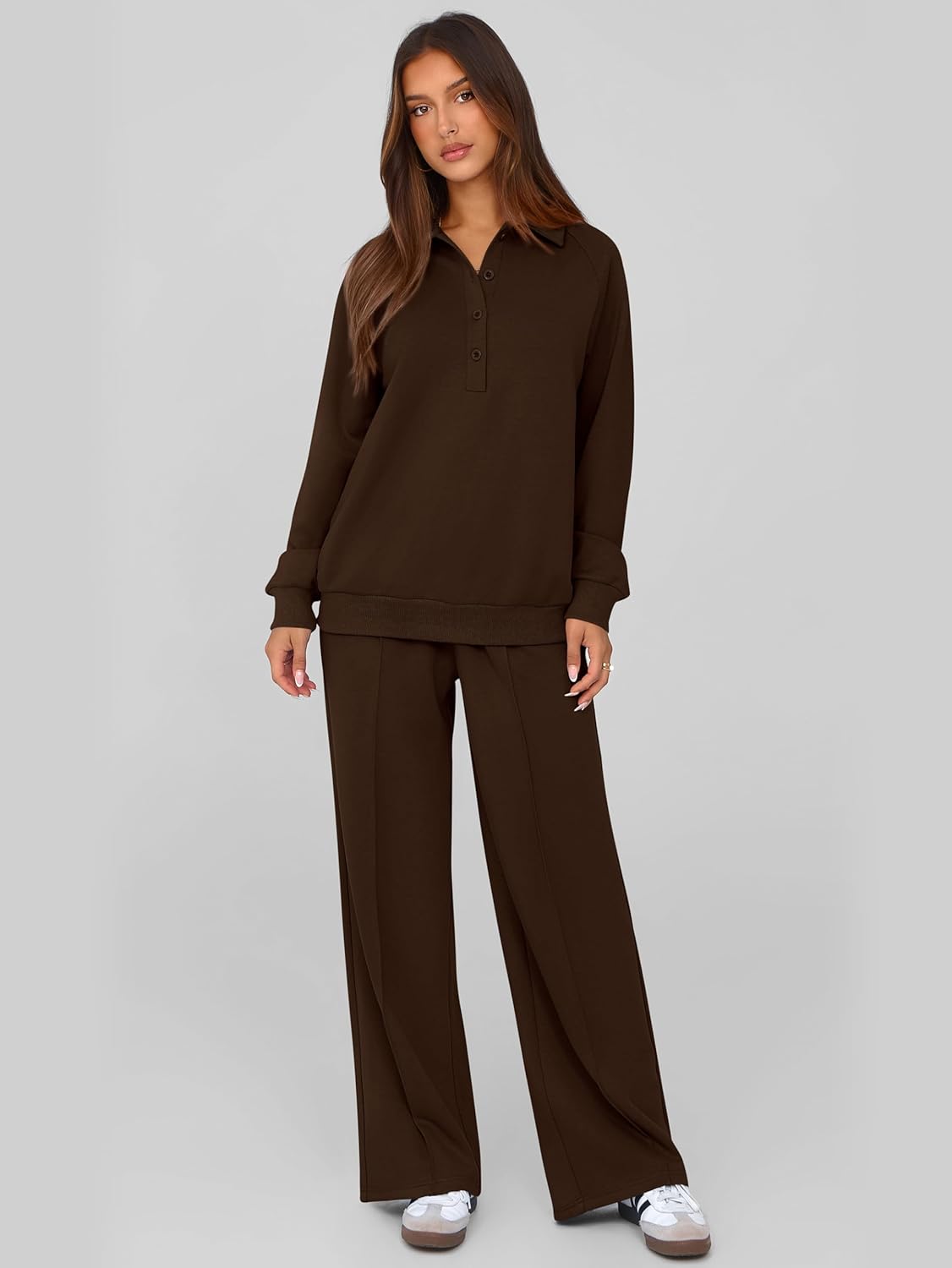 PRETTYGARDEN Women Fall 2 Piece Outfits Sweatsuits Quarter Button Long Sleeve Sweatshirt Wide Leg Pants Tracksuit Lounge Sets - Image 6