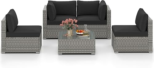 Miniatura 13 de Tangkula - Juego de sofá de ratán de 5 piezas, conjunto de muebles de mimbre para patio de Patiojoy con cojines de asiento y respaldo, mesa de