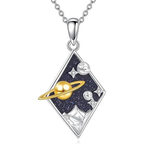 925 Sterling Silver Saturn Necklace for Women, Celestial Planet Sandstone Pendant Necklaces Jewelry Gift for Her Christmas Birthday, 18+2 Inches