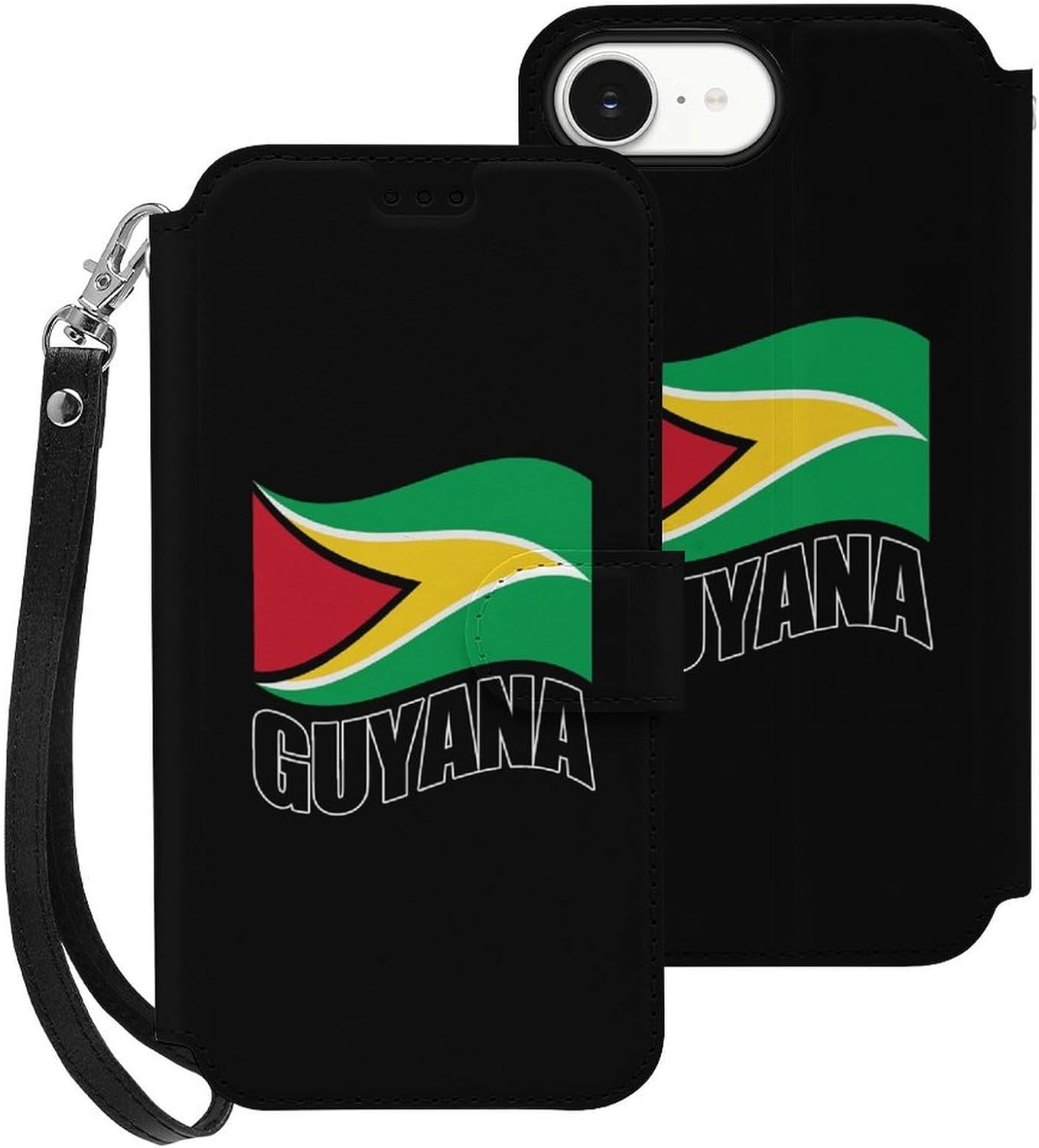 Guyana Flag Guyanese Compatible with iPhone 16/16 Plus/16 Pro/16 Pro Max/16 E Case Phone Wallet Card Holder Flip Cover with Wrist Strap