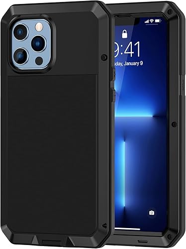 Lanhiem Funda de metal para iPhone 13 Pro Max, resistente a los golpes, con protector de pantalla de vidrio integrado, funda protectora de cuerpo