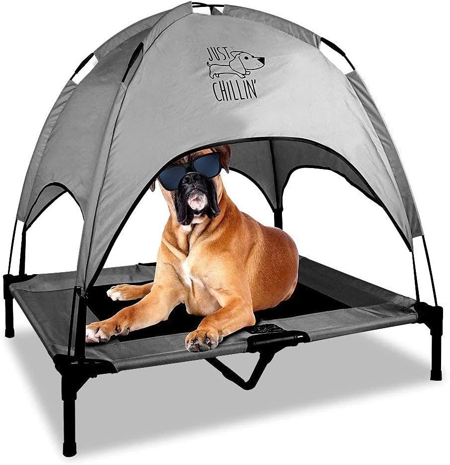 Floppy Dawg Just Chillin' Elevated Dog Bed. Cool Cot with Removable Canopy Shade. Indoor or Outdoor Pet Use. Lightweight and Portable. Chill in Style on Raised Breathable Mesh Fabric.