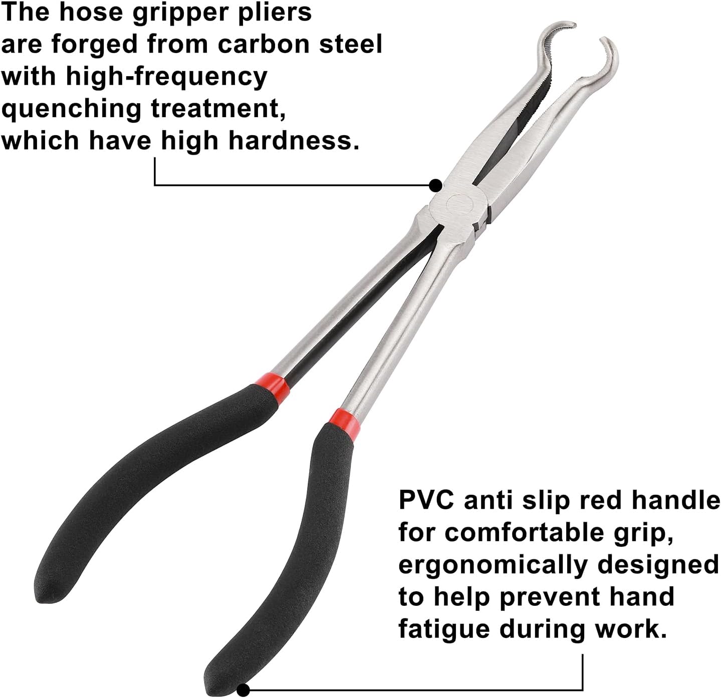 CASOMAN 3Pcs 11" Hose Gripper Plier Set, Black & Red, 5/16-Inch, 1/2-Inch, 3/4-Inch Dia, Offset Spark Plug Boot Removal Pliers Serrated Jaws for Hard to Reach Narrow Spaces