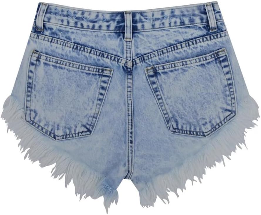 Women's Summer High Waist Button Washed Fur Edges Denim Shorts