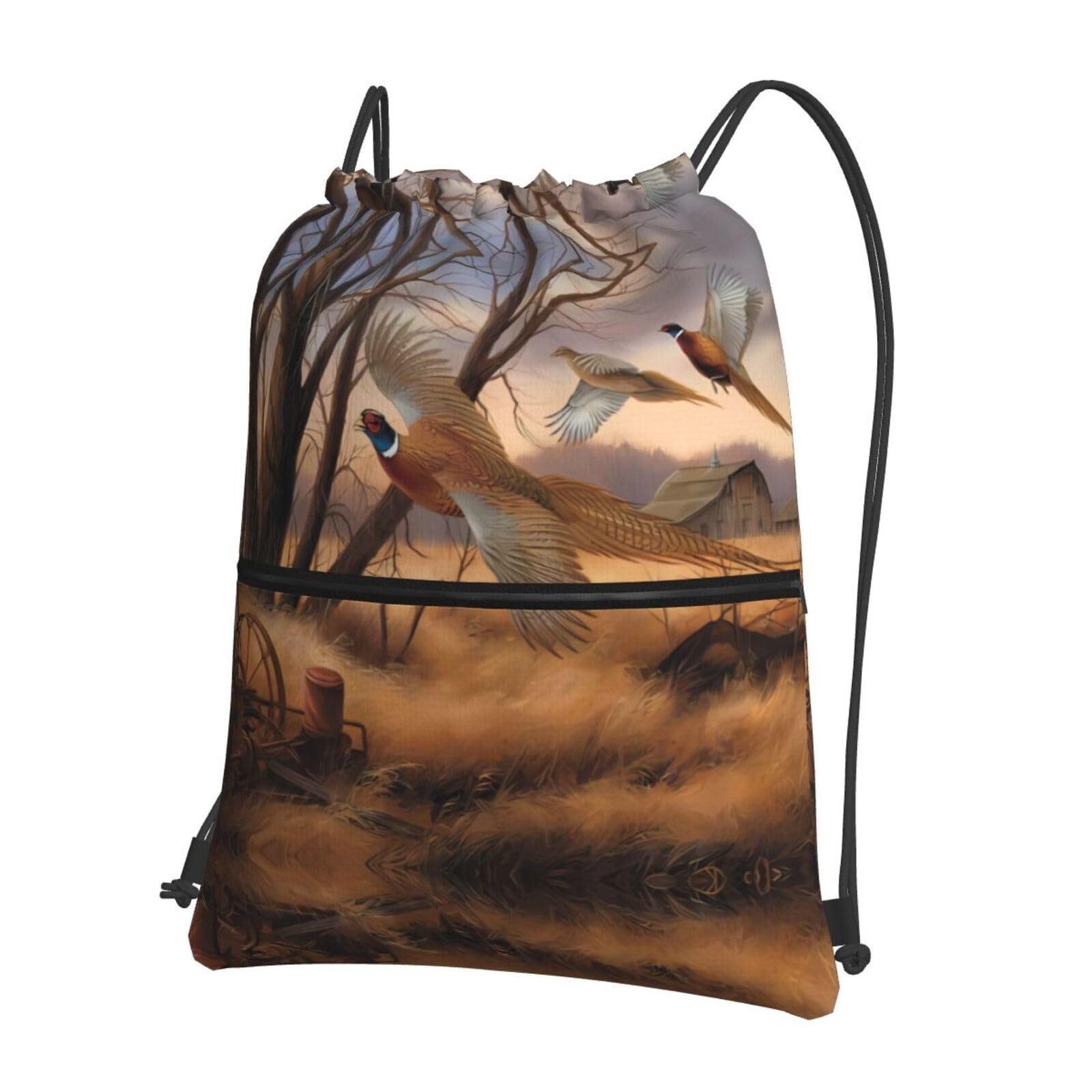 WHJSHOP pheasant hunting Prints Drawstring Zipper Backpack - Lightweight Water-Resistant Sport Throw Bag with Front Pocket, Ideal for Gym, Travel & Hiking
