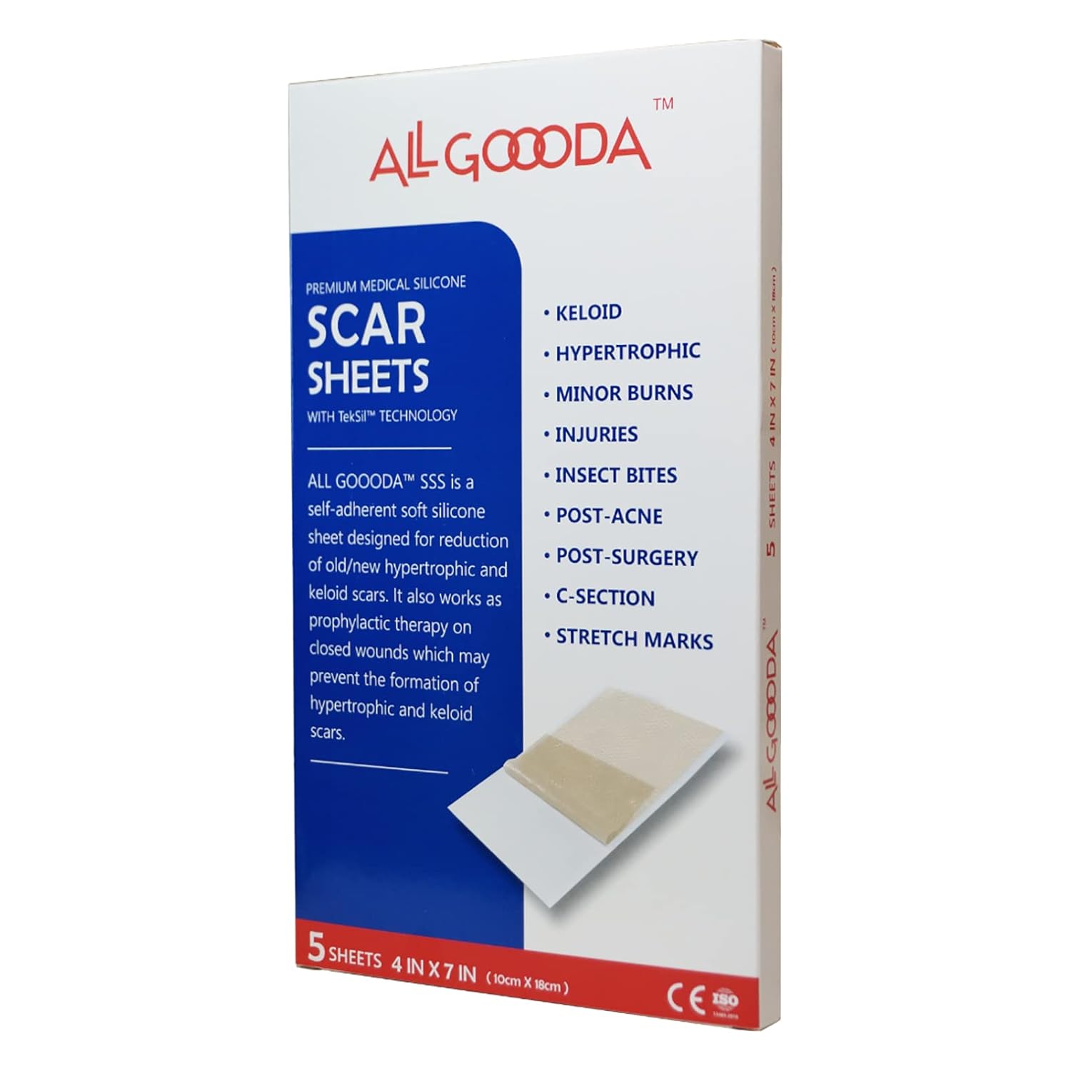 Silicone Scar Sheets, Strips, Tape, 4”x7”[5 Sheets], Scar Removal Reducing Away Surgical Treatment, Keloid Bump, Surgery, Burn, Tummy Tuck, Acne, C-Section, Stretch Marks, Silicon Cream