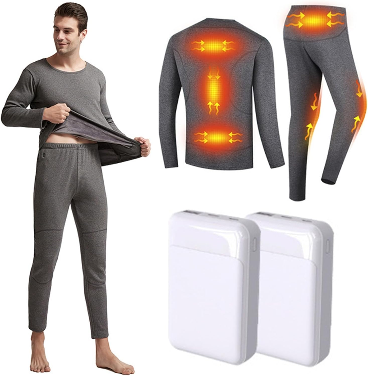 Heated Thermal Underwear Set for Men Women, USB Rechargeable 6 Zones Heating Thermal Underwear Plus Heating Thermal Clothing