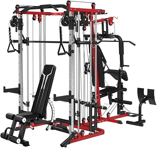 Miniatura 10 de Sistema de gimnasio todo en uno para el hogar, estación de entrenamiento multifunción con máquina Smith, jaula de potencia y sistema de cruce