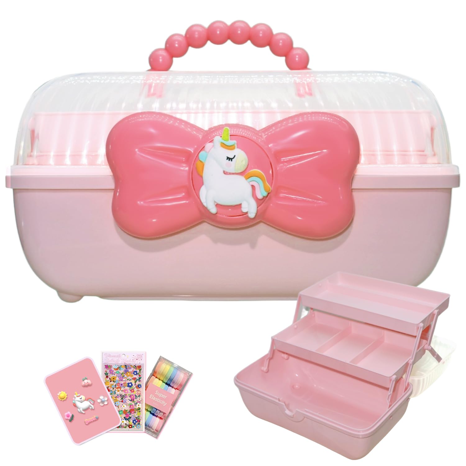 BIVOGID Hair Accessories Organizer For Girls Headbands, Clips, Ties Baby Girl Supplies, Lockable Three-Layer Folding Craft Organizers And Storage Plastic Jewelry Box,10.8 * 5.9 * 5.7In (Pink)