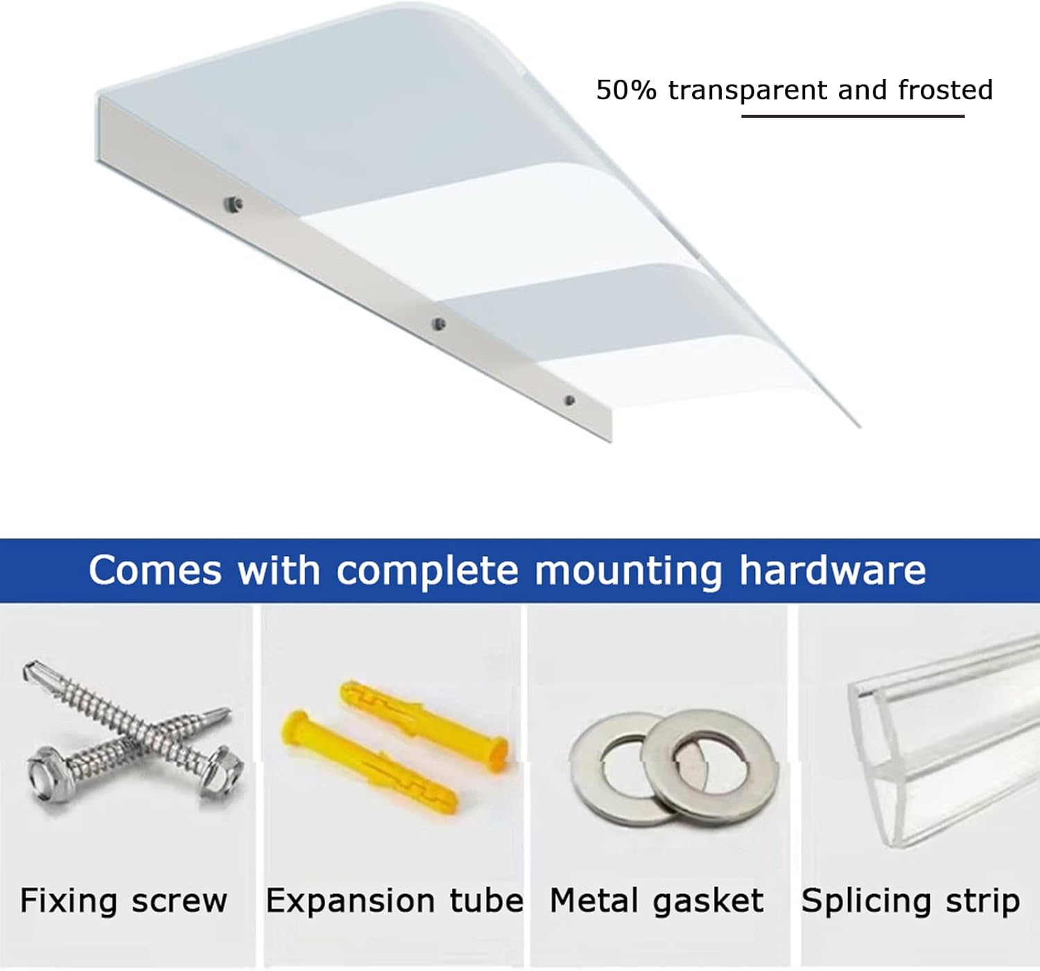 Outdoor Awning Canopy Modern Polycarbonate Front Door Canopy,Curved Window Awning Rain Shelter,Rain Snow Protection 50% Clear and Frosted Porch Awning,with Screw (50x120cm/20 x47)