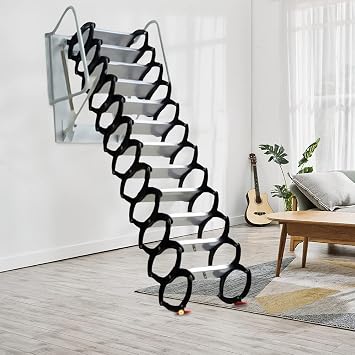 Attic Ladder Pull Down 12 Steps Folding Loft Stairs,10 ft Height Home Wall Mounted Retractable Ladder,Alloy Access Ladder with Armrests for Attic Decorative House