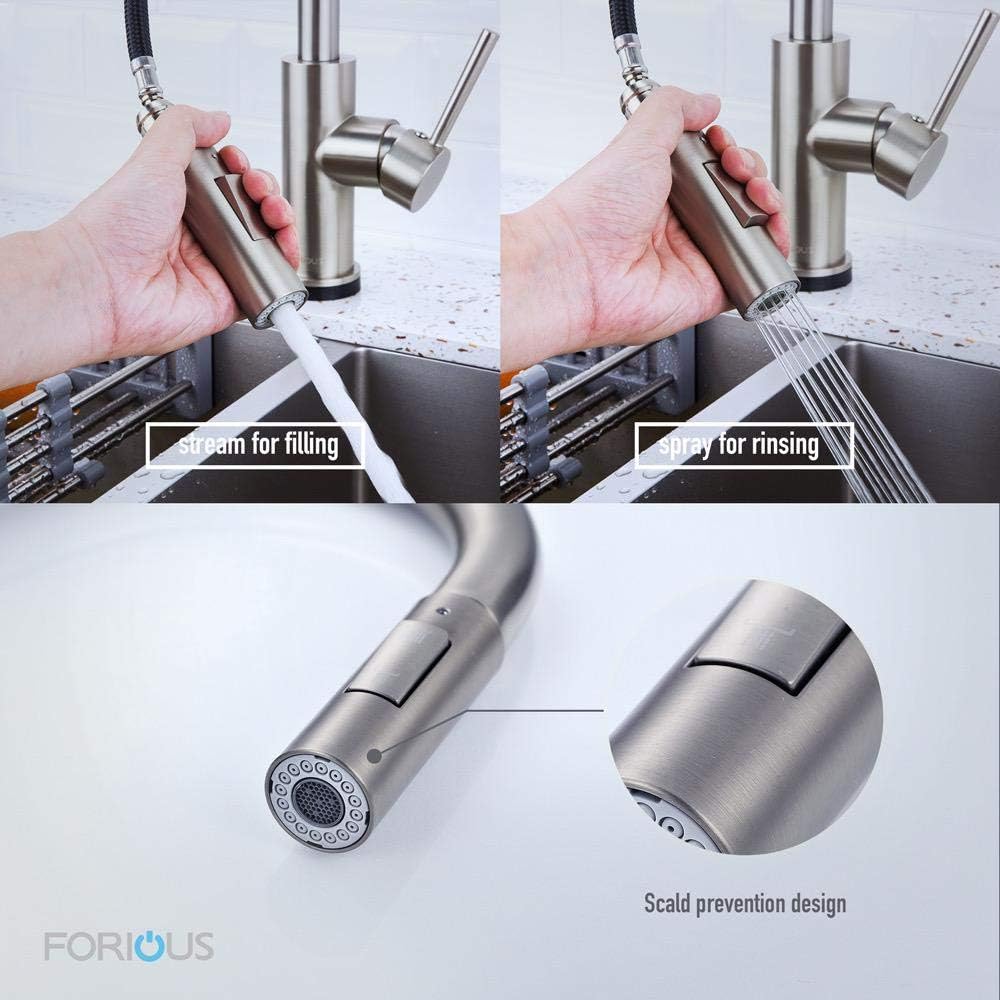 Bеѕt Prоmо FORIOUS Kitchen Faucet with Pull Down Sprayer, Kitchen Faucet Sink Faucet with Pull Out Sprayer, Single Hole and 3 Hole Deck Mount, Single Handle Copper Kitchen Faucets, Brushed Nickel