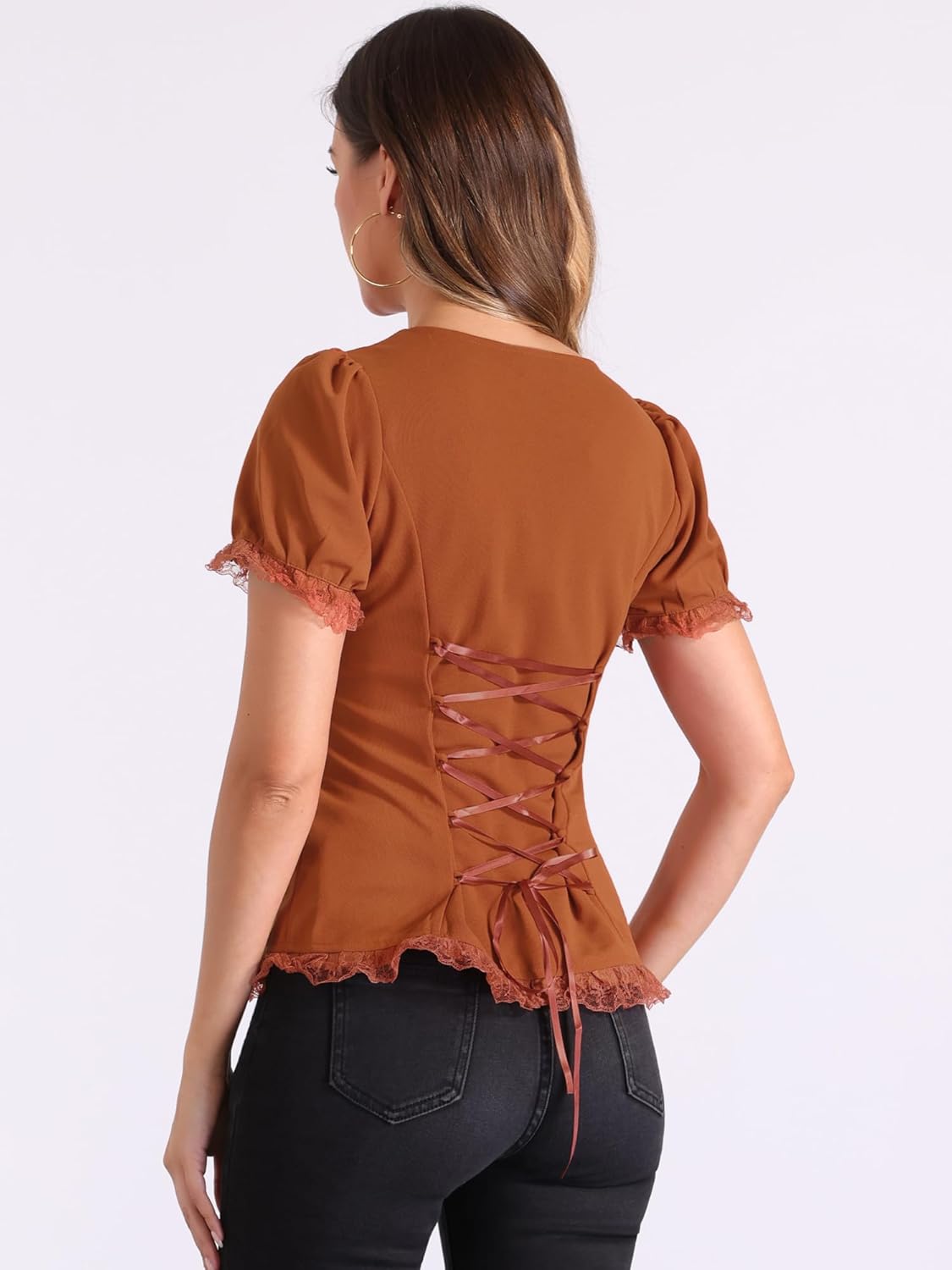 Allegra K Victorian Shirt for Women's Sweetheart Neck Puff Sleeve Halloween Lace Up Gothic Blouse - Image 2