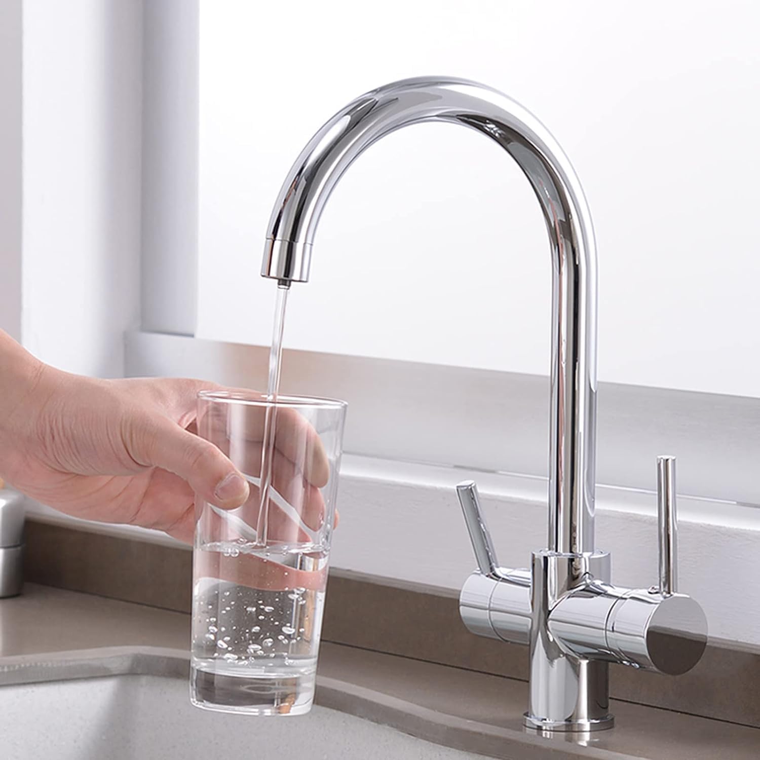 FCXWEVR 3Way Black Kitchen Faucet with Osmosis Water Filter Double Handle Durable Sink Filtration System for Clean Drinking WaterModern Design Easy Installation