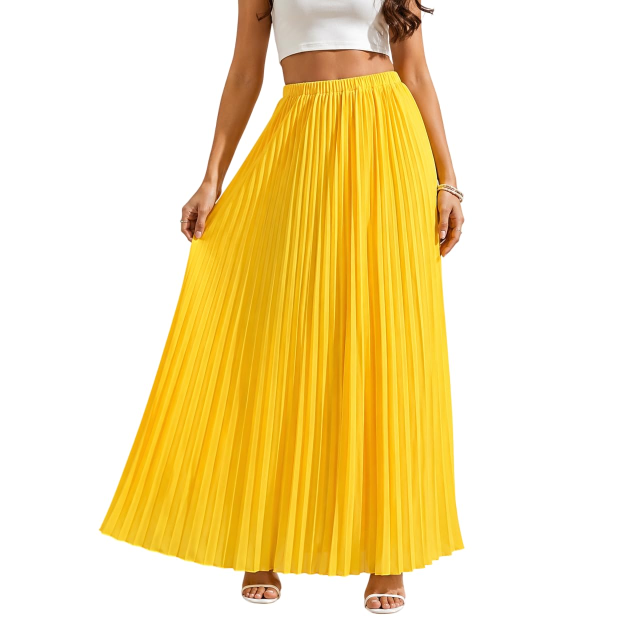 Yellow Pleated Maxi Skirt for Women-picture-33
