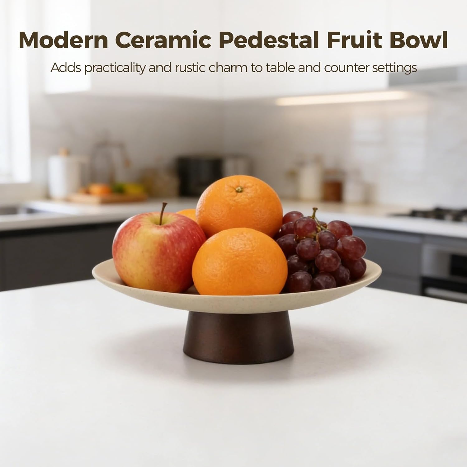 Ceramic Pedestal Fruit Bowl With Wooden Base, Modern Shallow Serving Tray, Elevated Decorative Centerpiece For Kitchen Entryway & Table