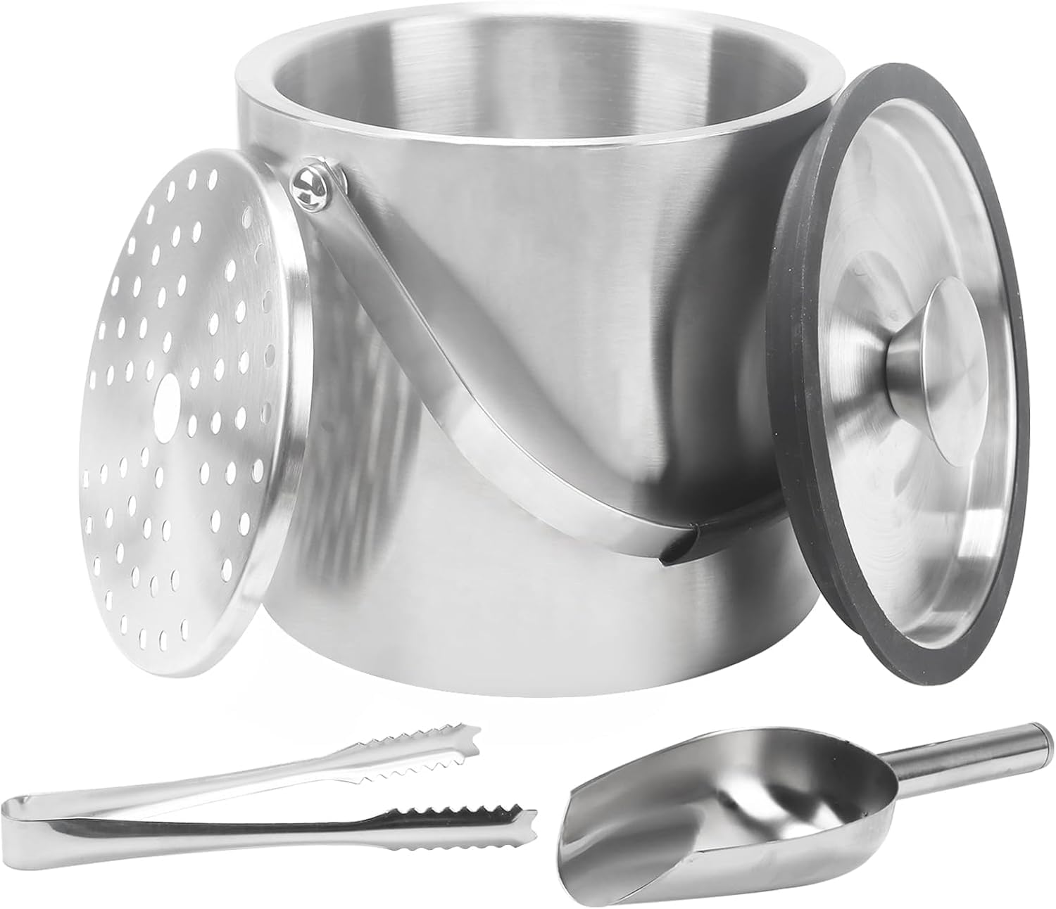 3L Secchiello Ghiaccio Vino Ghiaccio per Cocktail Porta Ghiaccio A Doppia Parete in Acciaio Inox Secchiello Per Ghiaccio con Coperchio Paletta Pinze E Colino per Cocktail Bar Feste Champagne