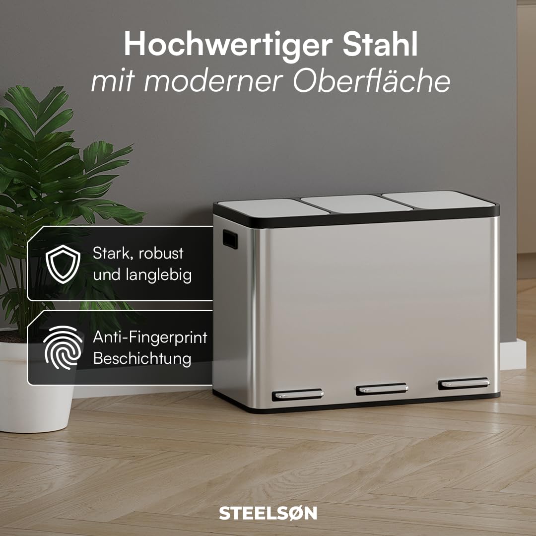 STEELSØN Epsilon Mülleimer 3x15L, 3 Fächer, aus Edelstahl in Silber | Mülltrennsystem Küche, Tretmülleimer mit Soft-Close-Deckel, Abfalleimer + herausnehmbaren Inneneimern für Recycling/Restmüll