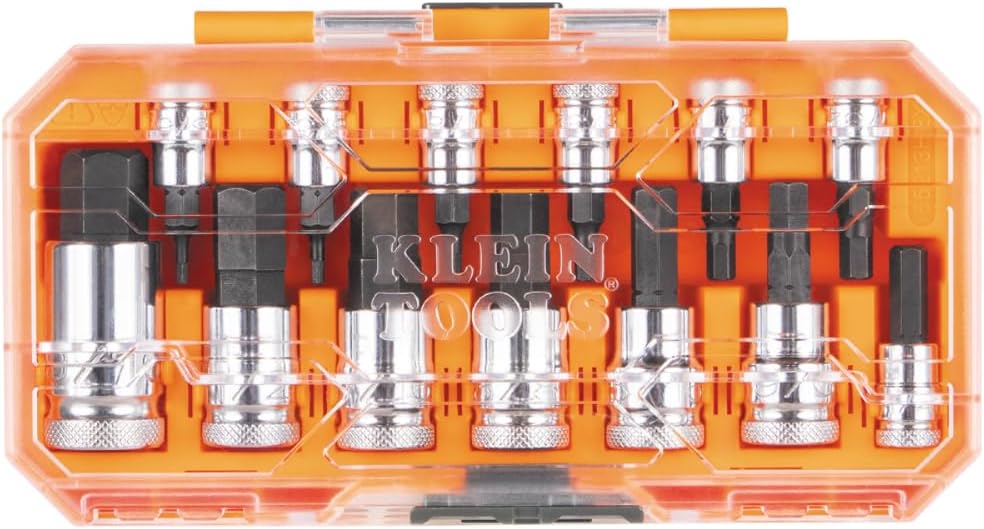 Klein Tools 65213HEX Knurled Hex Bit SAE Socket Set, 1/4, 3/8 and 1/2-Inch Drives, Premium Cr-V Steel, SAE Sizes 5/64 to 9/16-Inch, MODbox Case, 13-Piece