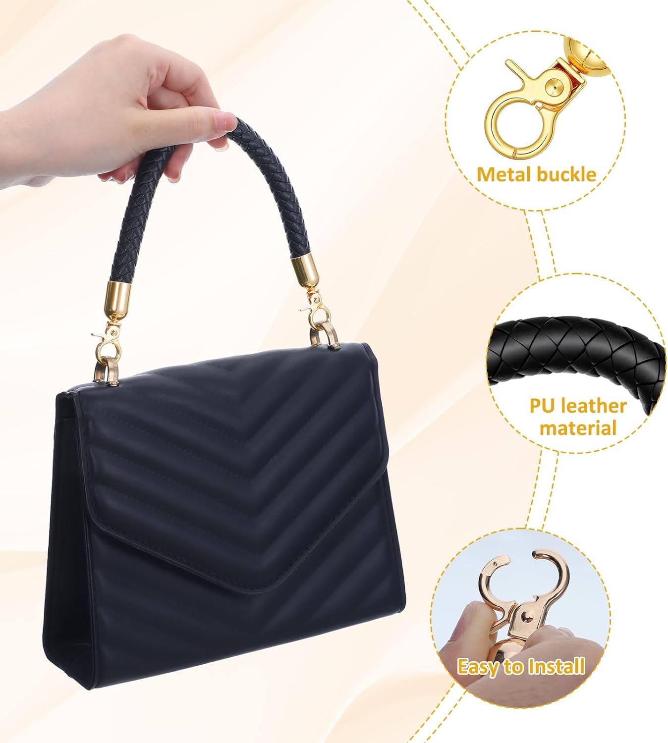 2 Pcs PU Leather Handbag Handles, 30cm/11.8 Inch Short PU Leather Purse Straps, Braided Purse Replacement Handle with Metal Buckle for DIY Bag Accessories (Black) - Image 3