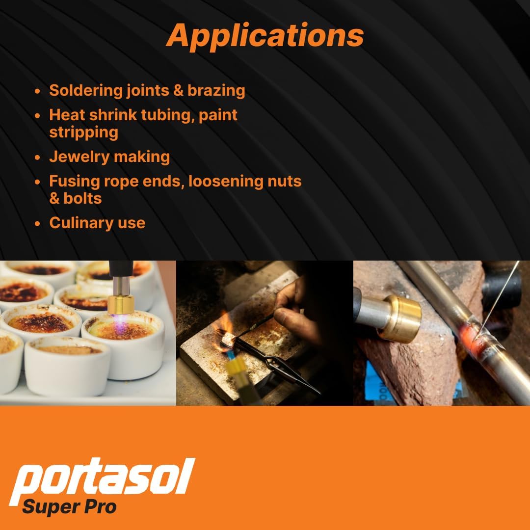 PORTASOL Pro-Grade 820 Butane Torch, Piezo Ignition System, Safety Lock, Adjustable Flame Used for Cooking, Jewerly Making and Soldering | Output 50-820 Watts