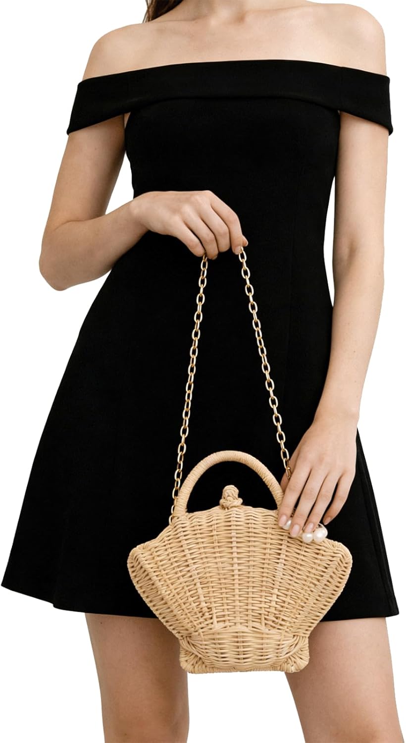 Shell Purse Rattan Clutch Woven Shell Shape Crossbody Shoulder Bag Straw Beaded Seashell Handbag with Pearl Beads - Image 4