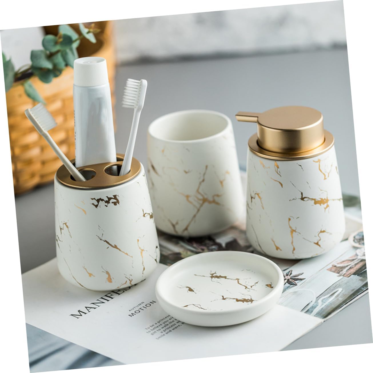 SMASOLO Ceramic Bathroom Accessory Set Toothbrush Holder Wash Cup Soap Dish Dark Green Decorative Vanity Organizer for Home and Travel