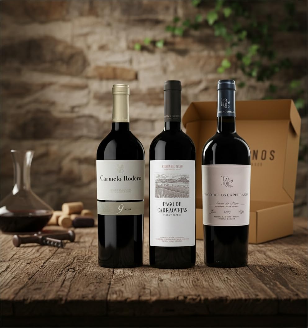 Pack Vinos Ribera del Duero - Envio 24h - Vinos Regalo - 3 x Botella 75 cl - Carmelo Rodero 9 Meses, Pago de Carraovejas, Pago de los Capellanes Roble - Mejor Seleccion ENOVINOS THE WINE BRAND