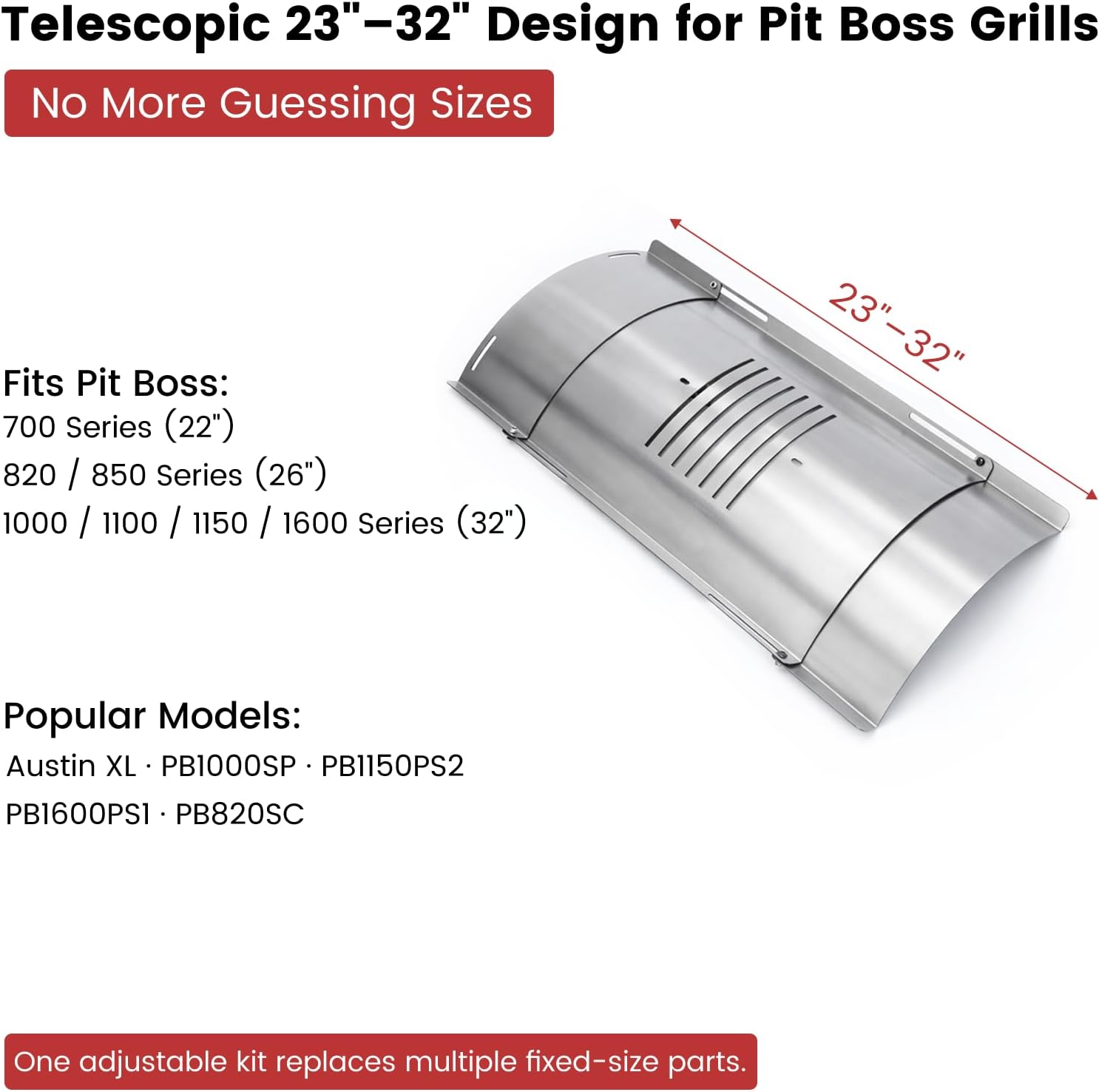Stainless Steel Flame Broiler Kit - Adjustable 23-32" Slider & Cover Set, Heavy-Duty, Replacement Parts for Pit Boss Pellet Grills 700/820/850/1000/1100/1150/1600 Series Smoker