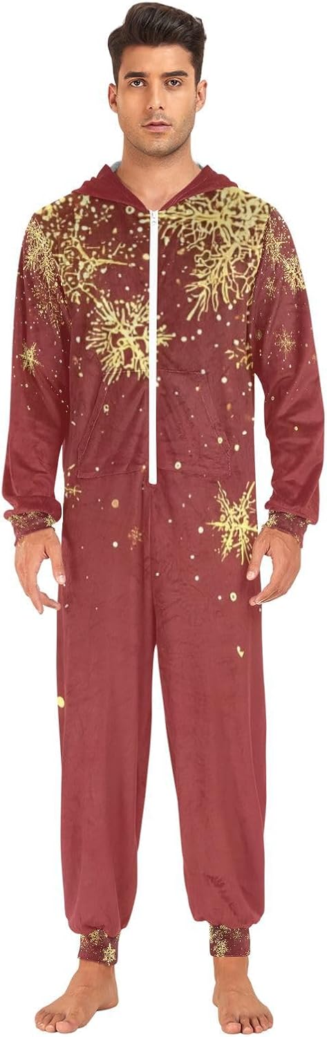 Golden Snowflakes Retro Red Adult Onesie Pajamas for Unisex Novelty One Piece Costume Sleepwear