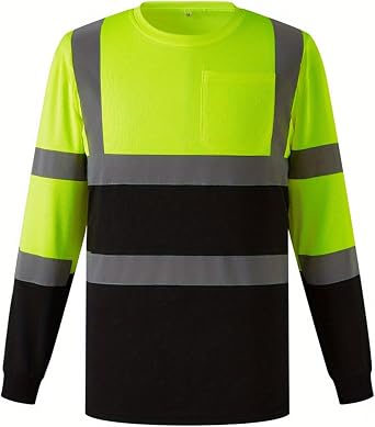 Hi Vis T Shirts for Men Long Sleeve Work T-Shirts with Pocket High Visibility Security Tshirts Two Tone Safety Tee Shirts Classic Fit Crewneck Tops Reflective Tape Workwear