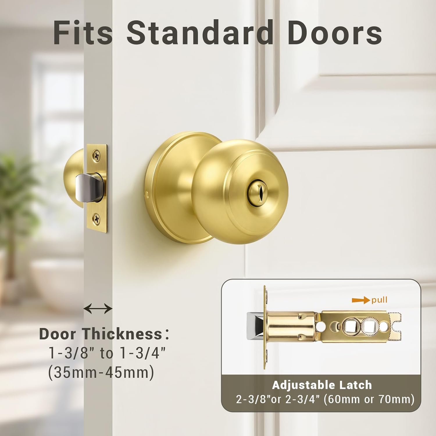 KNOBWELL 6 Pack Privacy Door Knob for Bathroom or Bedroom Door Knobs, Round Interior Door Knobs, Gold Indoor Door Knob, Keyless Door Knob with Lock, Door Handle Lock, Gold