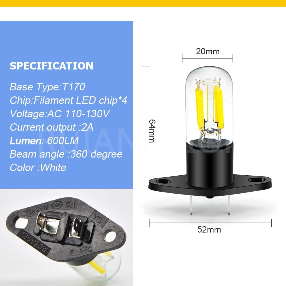 Ruiandsion T170 Z187 LED Microwave Light Bulb White AC 110-130V Filament LED chip 4SMD LED Filament Light for Universal Microwave Pear Oven Lamp Pack of 10