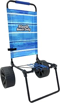 EasyGo Product Beach Cart Dolly Medium Duty Folding Dolly Beach Cart Design Large Sand Wheels Holds 4-6 Beach Chairs Elastic Tie Downs - Storage Pouch Blue Striped Pattern