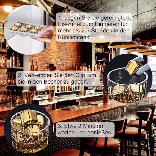 8 Stück Eiswürfel Edelstahl, Golden Whiskey Ice Cubes, Whisky Eiswürfel Wiederverwendbar, mit Kieselgel Eisclip, für Whisky, Wodka, Likör, Wein, Getränkesaft