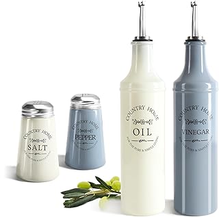 COM-FOUR® Juego de Cocina de Vidrio de 4 Piezas - Botella de Aceite y vinagre con vertedor de Acero Inoxidable, Tapa, Tubo de ventilación - Salero y Pimentero (4 piezas - botellas + cocteleras)