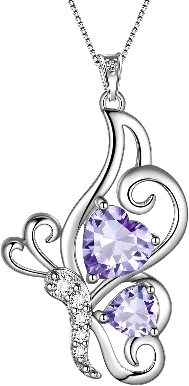 Butterfly Heart Necklace Birthstone Pendant Necklace Earrings Bracelet Women 925 Sterling Silver Animal Butterflies Birthstone Pendant Crystal Birthday Jewelry Wedding Gift