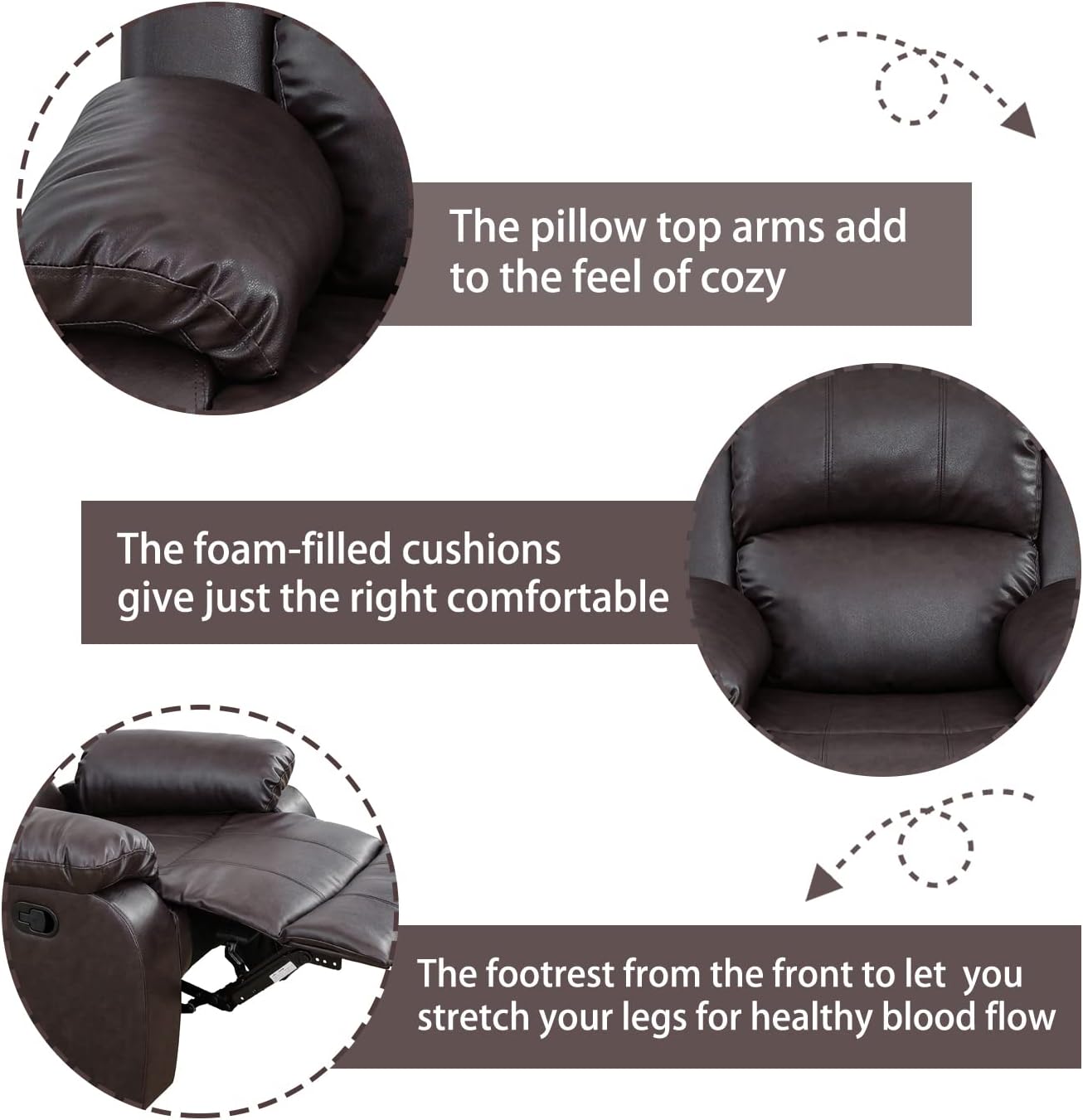 Manual Recliner Sofa Set, Bonded Leather Living Room Furniture Set, Reclining Leather Couches with Cup Holders/Storage Console/Flip Middle Backrest (Sofa+Loveseat+Chai, Brown)