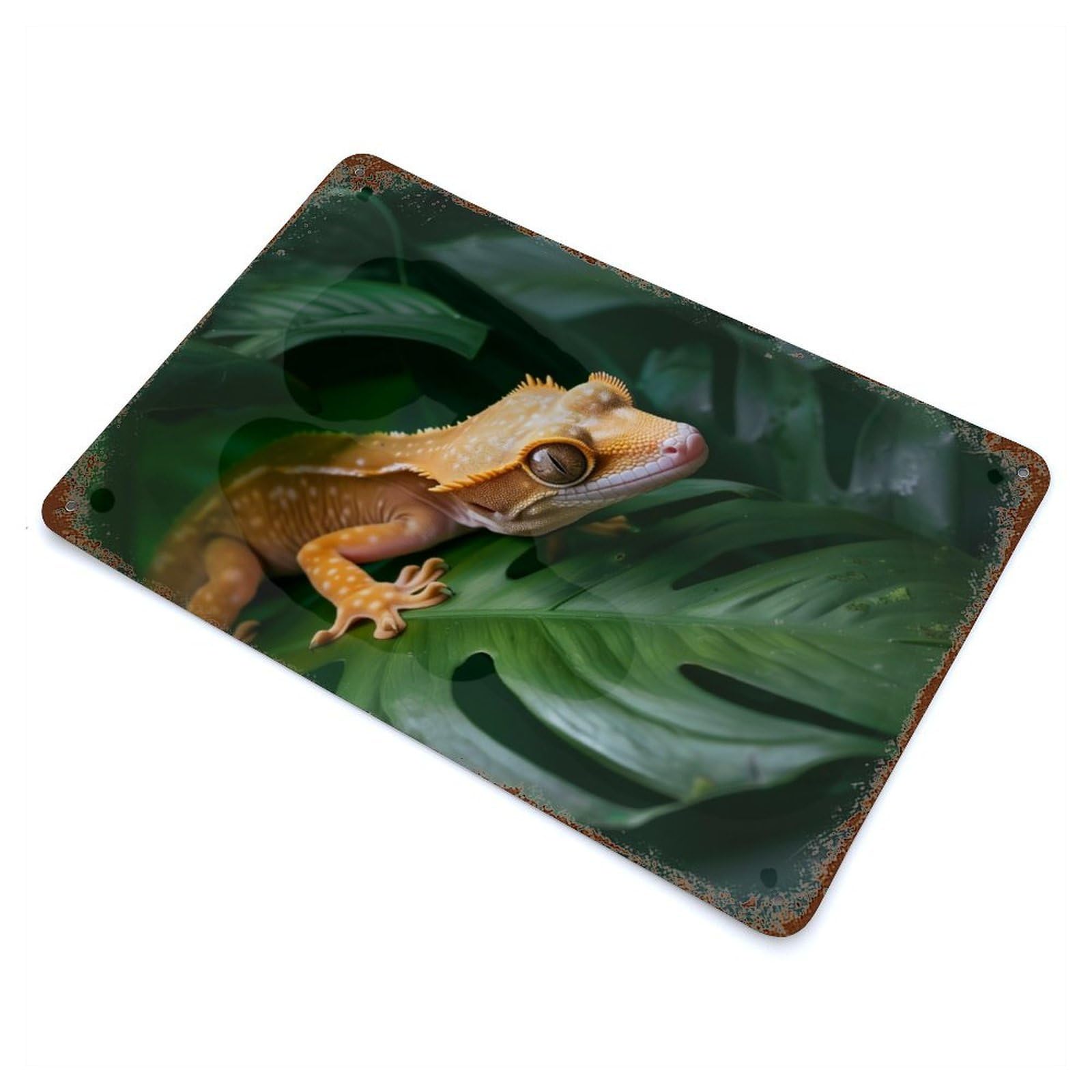 Rust Effect Geckos Rest Aged Metal Wall Plaque 11.8"x7.9", Rustic Home Decor for Bistro, Counter And Cafe Decor
