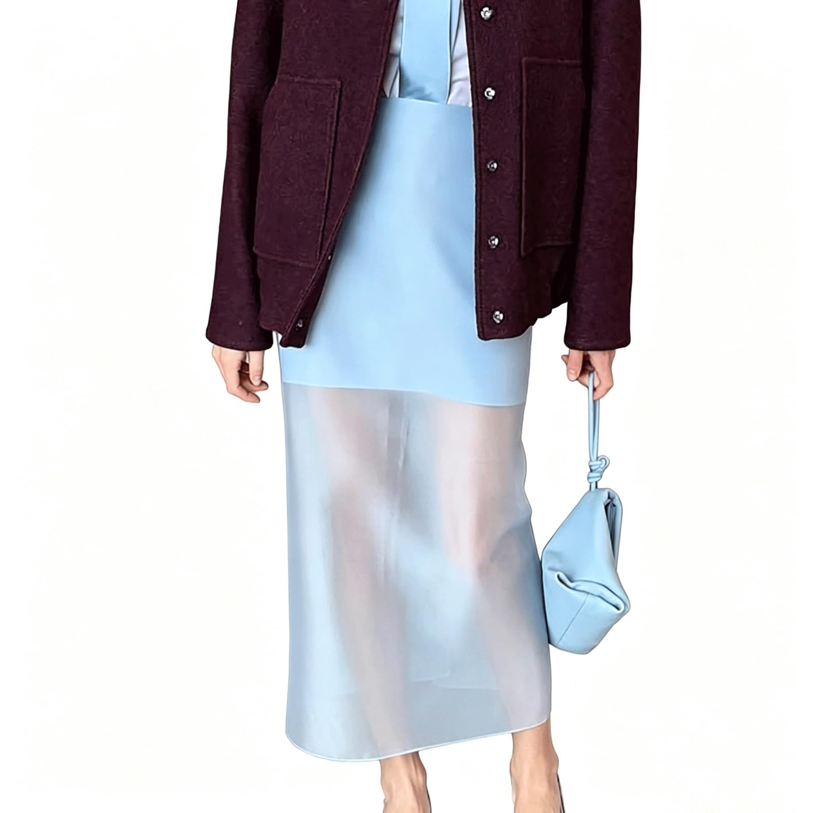 Commuter Midi Long Skirt Sheer Women's Maxi Skirts with Zipper(Blu,Lagre)