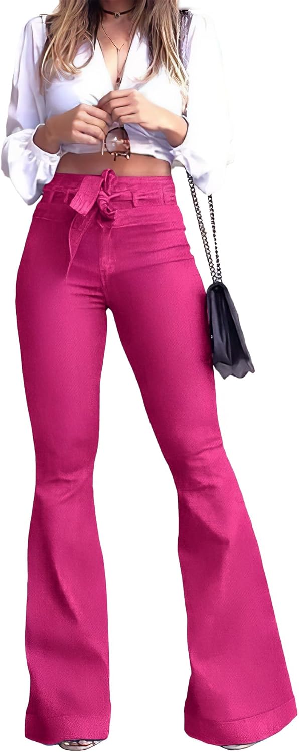 Pantete Womens High Waisted Bell Bottom Jeans Denim High Rise Flare Jean Pants with Wide Leg and Belt