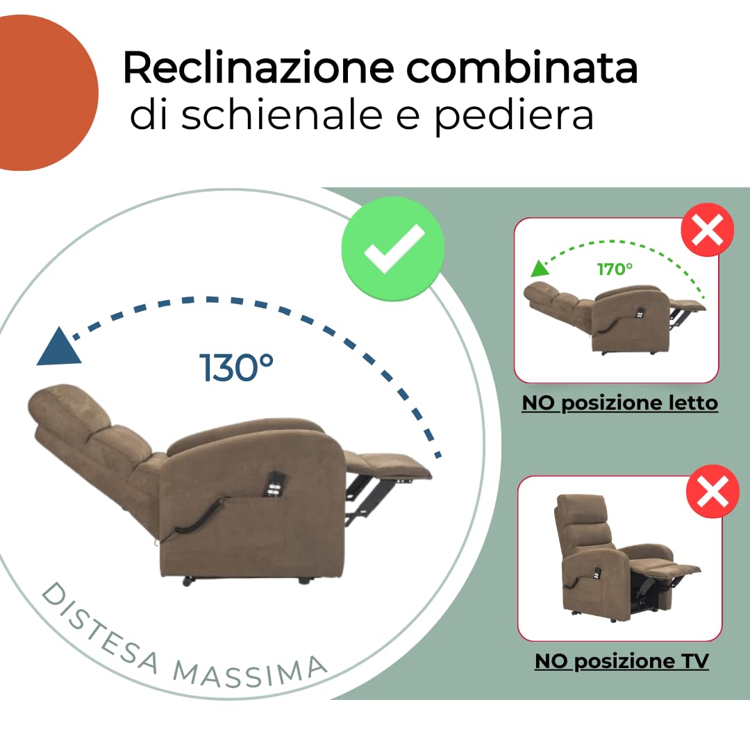 POLTRONE ITALIA Poltrona Relax Elettrica 4 ruote reclinazione poltrona per anziani soggiorno elevabile Detraibile 19% microfibra Marrone