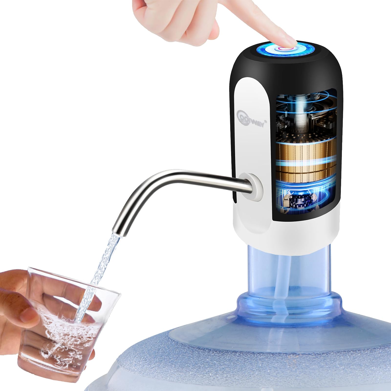 CoolWAY Electric Water Pump for 2-5 Gallon Bottled Water, Fast Flow Portable USB Rechargeable Water Dispenser for Outdoor, Camping, Office and Home Use