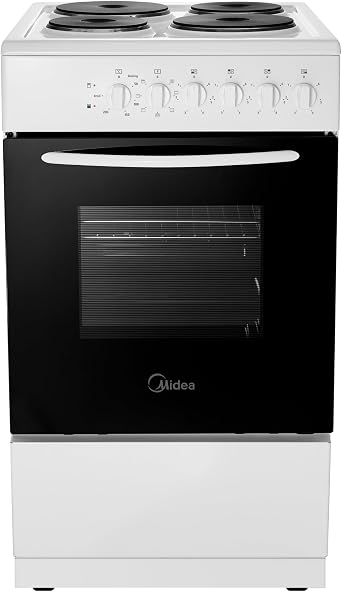 Midea 50cm Freestanding Electric Cooker - 52L Single Cavity Oven with 4 Solid Plate Hobs, White - MFO20DME4H109-WH [Energy Class A]