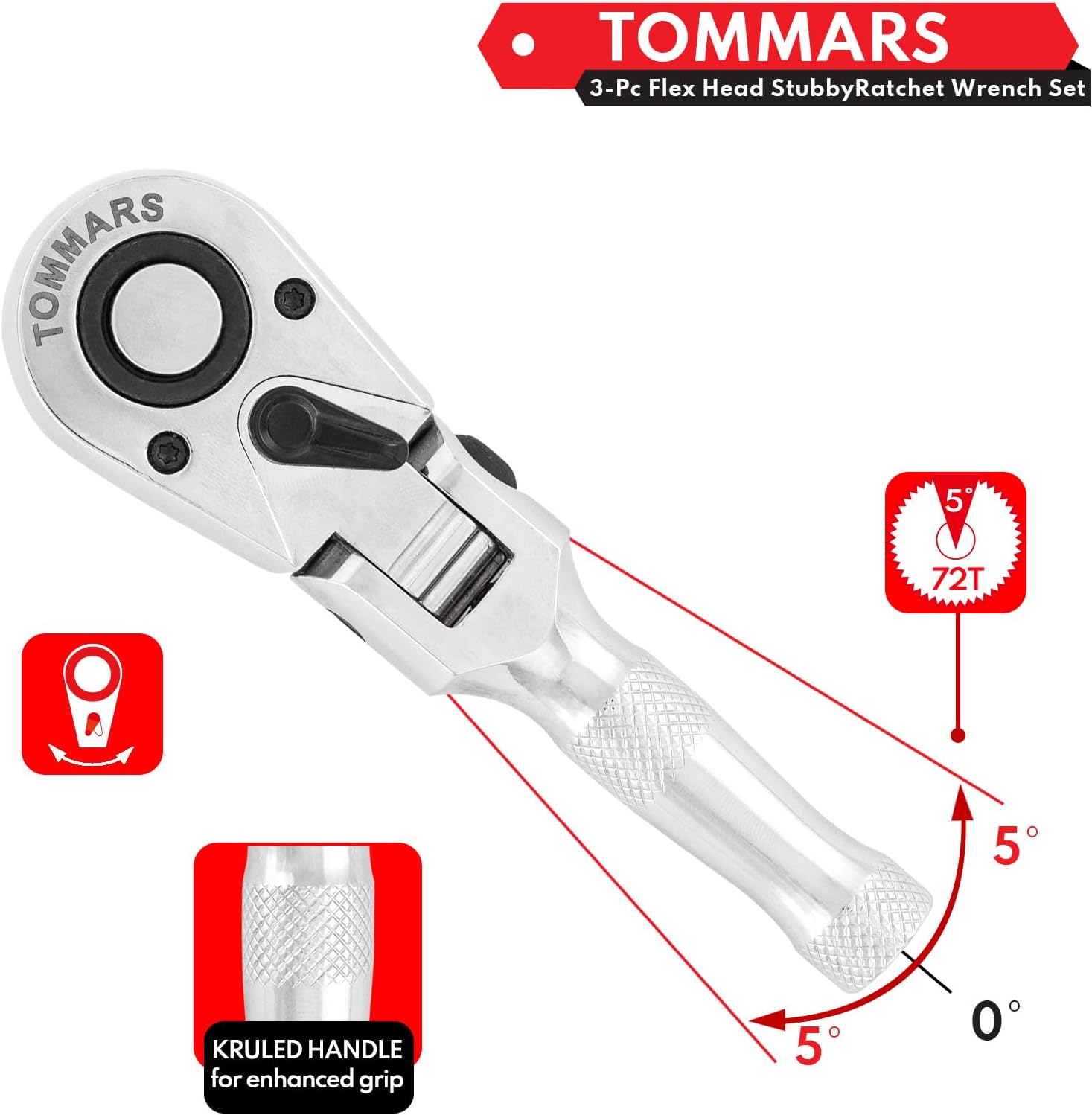 TOMMARS Flex-Head Stubby Ratchet Set, 1/4", 3/8", 1/2" Drive Flexible Mini Small Ratchet Handle Wrench 72-Tooth Quick-Release Reversible Gift for Men Mechanic Hand Tools