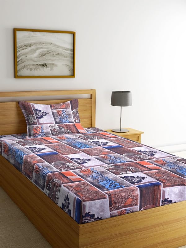 NEW LEAF Premium Glace Cotton 160 TC Flat Single Bedsheets for Summer Breathable | Wrinklefree (Size-60 X 90 Inch) with 1 Pillow Covers (Size-17 X 27 Inches, Traditional Multicolour)