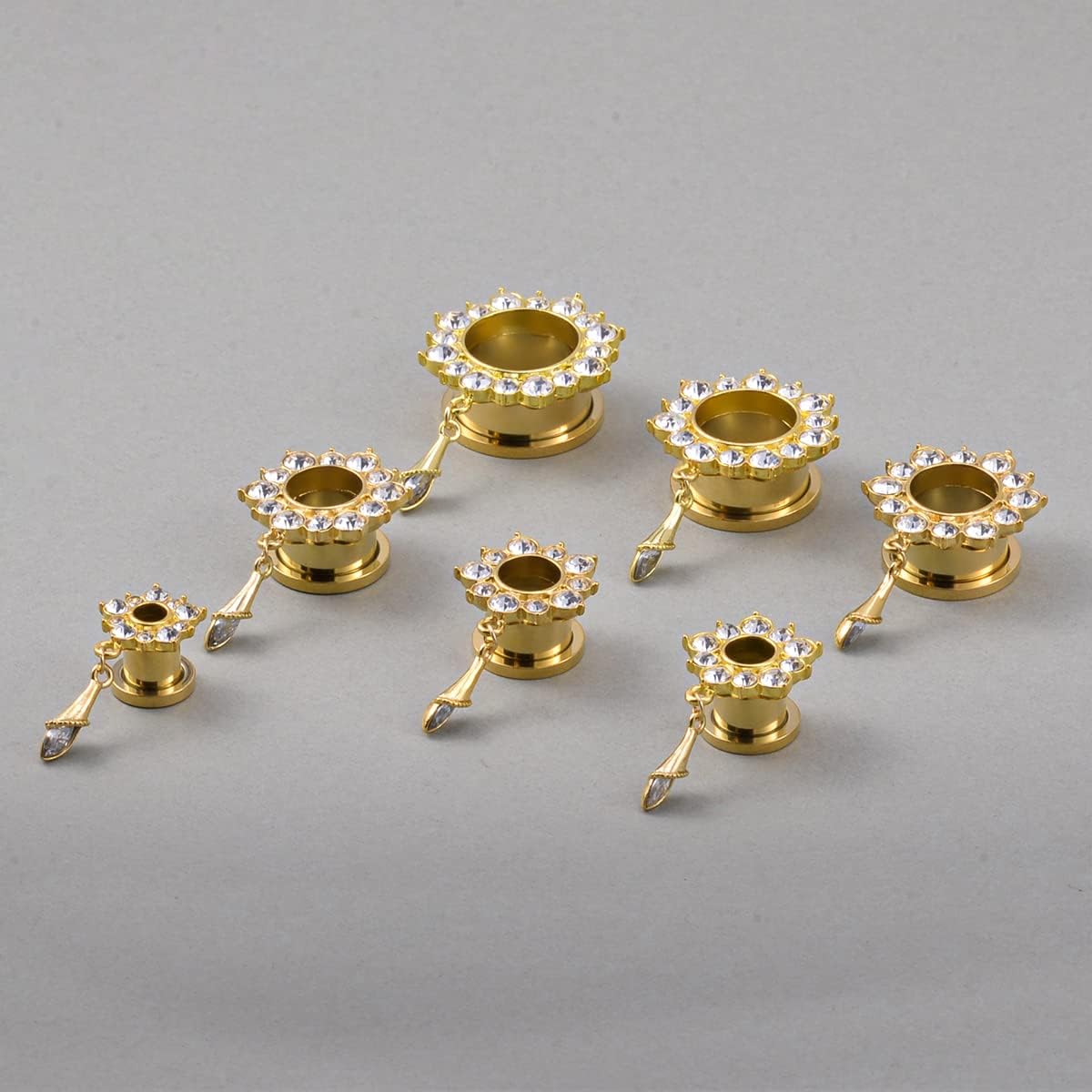 KUBOOZ Gemmed Flower Drop Eyelets Gold Plated Stainless Steel Flare Screw Back Ear Tunnels Plugs Gauges.
