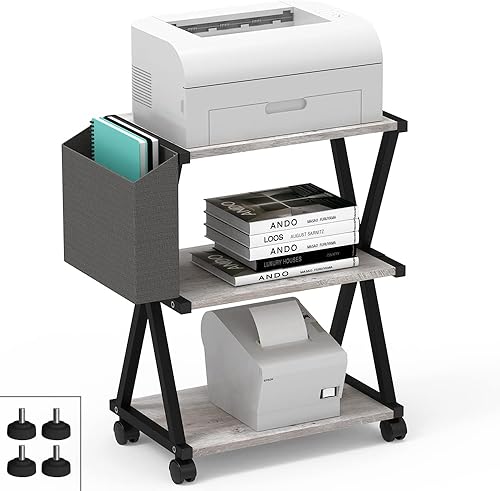 VEDECASA Soporte de impresora móvil de 3 niveles, estante de madera, mesa de impresora con marco de metal con bolsa de almacenamiento para oficina